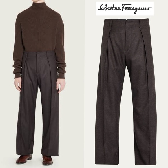 NWT Ferragamo Men’s Pleated Wool Trousers Toni Ganache Brown 52 IT US 36 Pants